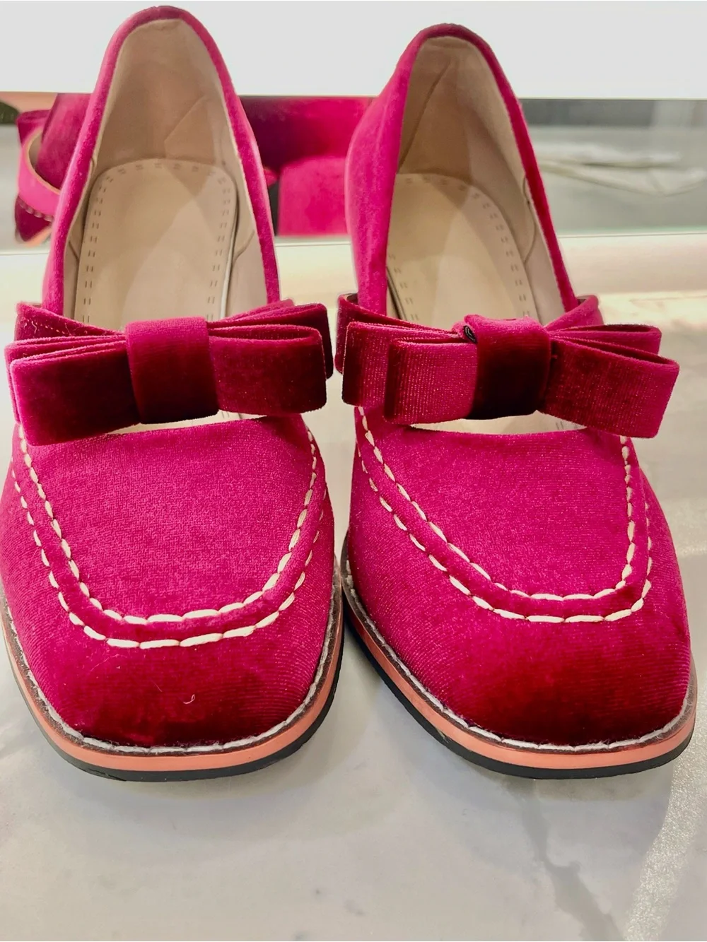 Velvet Mary Jane Pumps with Bow in Wine Pink